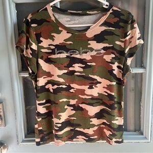 Y2K Vintage Bebe Rhinestone Bling Camouflage Green Short Sleeve Women’s Large
